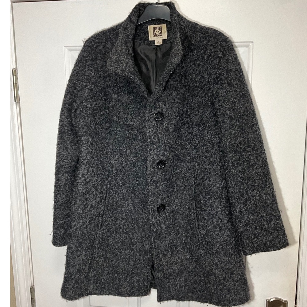 Eileen Fisher Grey Boucle Wool Blend Button Front Long Coat Womens Large